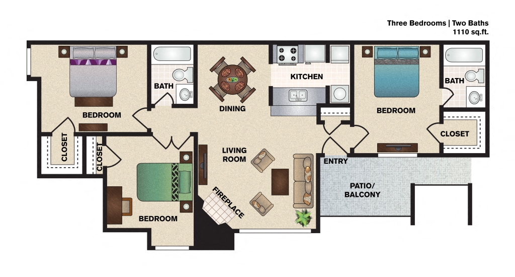 Hidden Oaks Apartment Homes Three Bedroom Two Bathroom floor plan