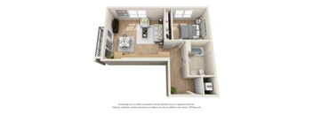 a stylized floor plan with a bedroom and a living room