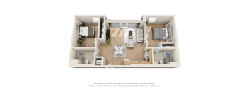 a stylized floor plan of a 1 bedroom796 sq ft
