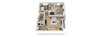 a spacious floor plan with bedrooms and a large living room