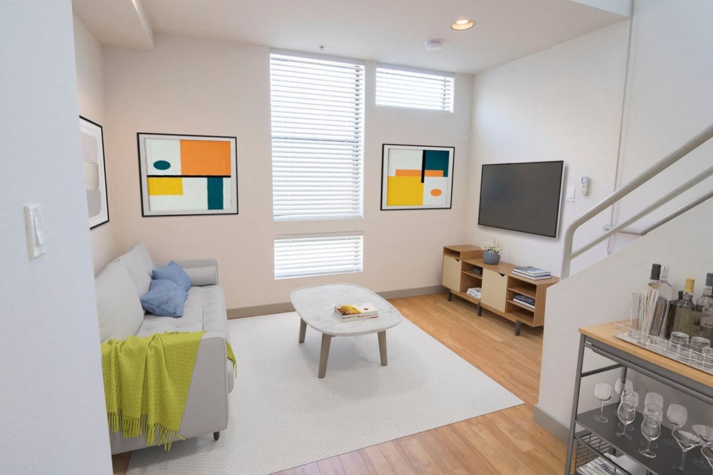 olympic lofts living room with stairs