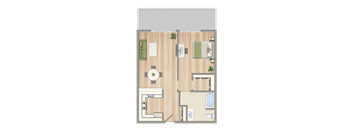 an aerial view of a floor plan of a room with furniture and plants