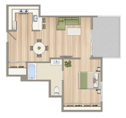 a floor plan of a house with a bedroom and a living room