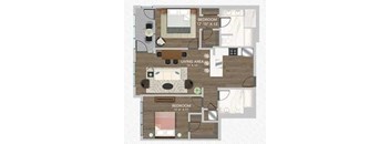 A floor plan of a house with three bedrooms and a living area.