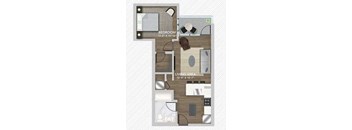 A floor plan of a living area and bedroom with dimensions.