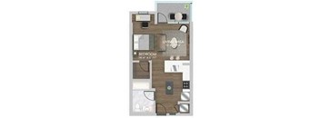 A floor plan of a living area and bedroom.