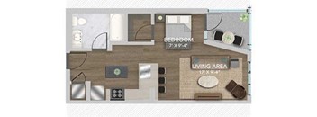 A floor plan of a room with a bedroom and living area.