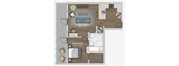 A floor plan of a small apartment with a living area and bedroom.