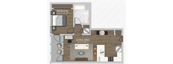 A floor plan of a small apartment with a bedroom and living area.
