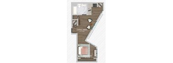 A floor plan of a small apartment with a living area and a bedroom.