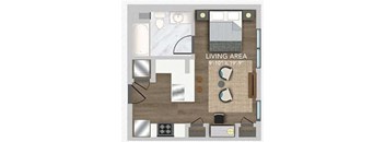 A floor plan of a living area with dimensions and furniture layout.