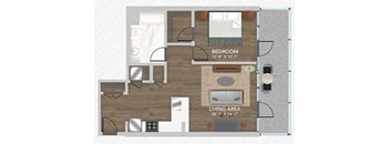 A floor plan of a small apartment with a bedroom and living area.