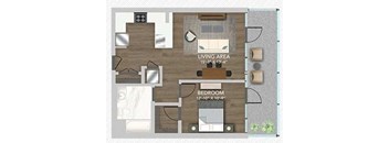A floor plan of a room with a living area and a bedroom.