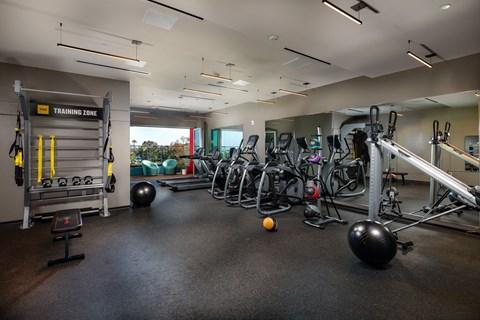 A gym with a variety of equipment including weights and exercise balls.