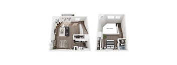 A top down view of a small apartment with a living room and kitchen.
