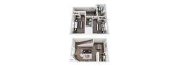 Nova Townhomes 3D Floor Plan two bedroom, two bathroom