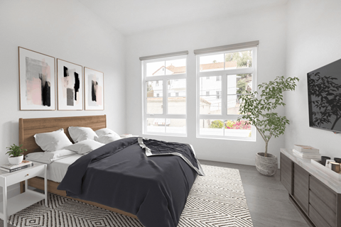 A bedroom with a large bed and a plant on the side table.