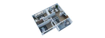 Larkspur West Linn 3D Floor Plan Two Bedroom, One Bathroom 876 sq ft