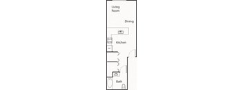 A floor plan of a living room, kitchen, and bath.