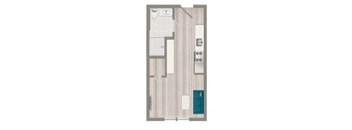A floor plan of a small apartment with a kitchen, living room, and bathroom.