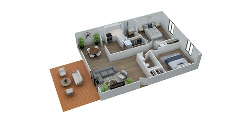 A 3D floor plan of a house with a kitchen, living room, and two bedrooms.