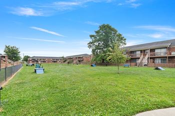 a grassy area with a tree in front of a building