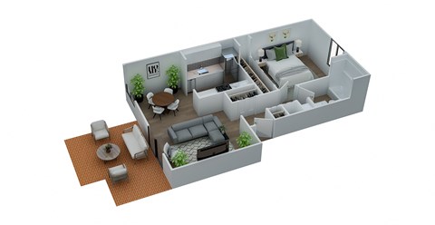 A 3D floor plan of a house with a living room, kitchen, and dining area.