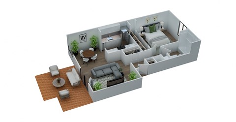 A 3D floor plan of a house with a living room, kitchen, and dining area.