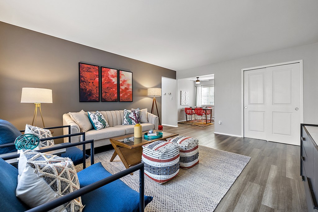 a living room with a couch and a coffee table