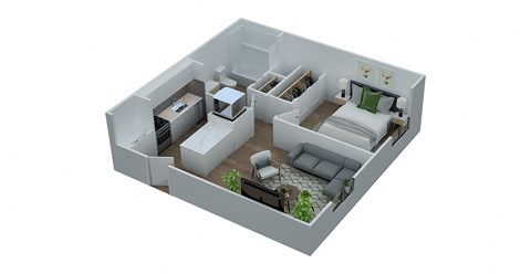A 3D floor plan of a house with multiple rooms.