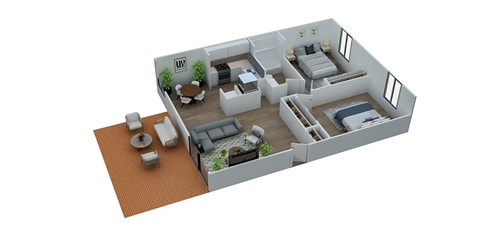 A 3D rendered image of a house layout.