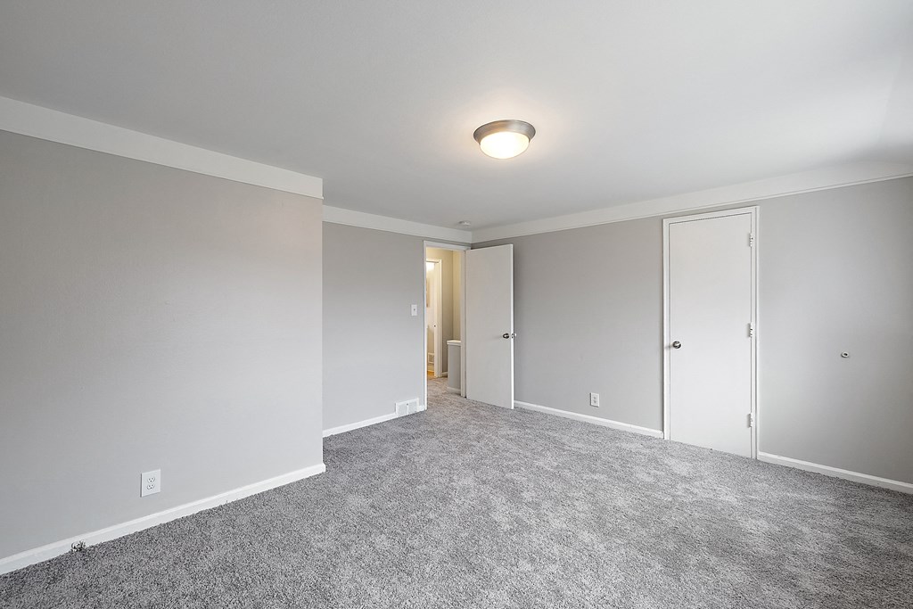 a bedroom with gray walls and carpet