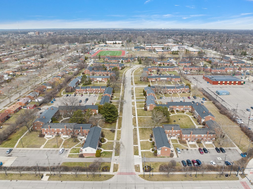 a view of the neighborhood from the top of a building