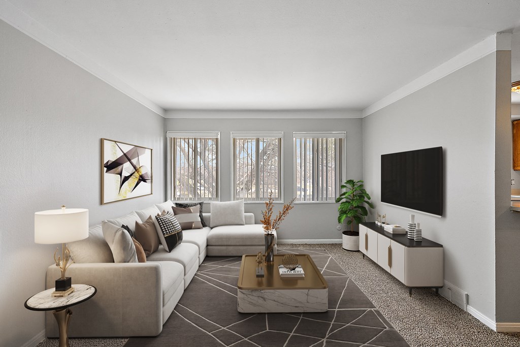 a living room with gray walls and a white ceiling