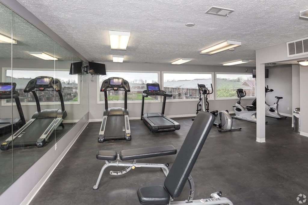 A gym with treadmills, exercise bikes, and other equipment.