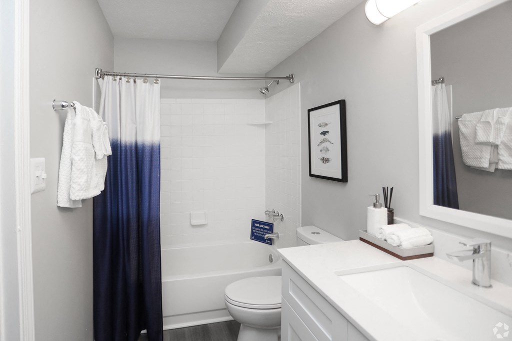 A white bathroom with a toilet, sink, and shower.