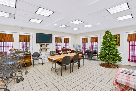 A room with a Christmas tree and a TV on the wall.