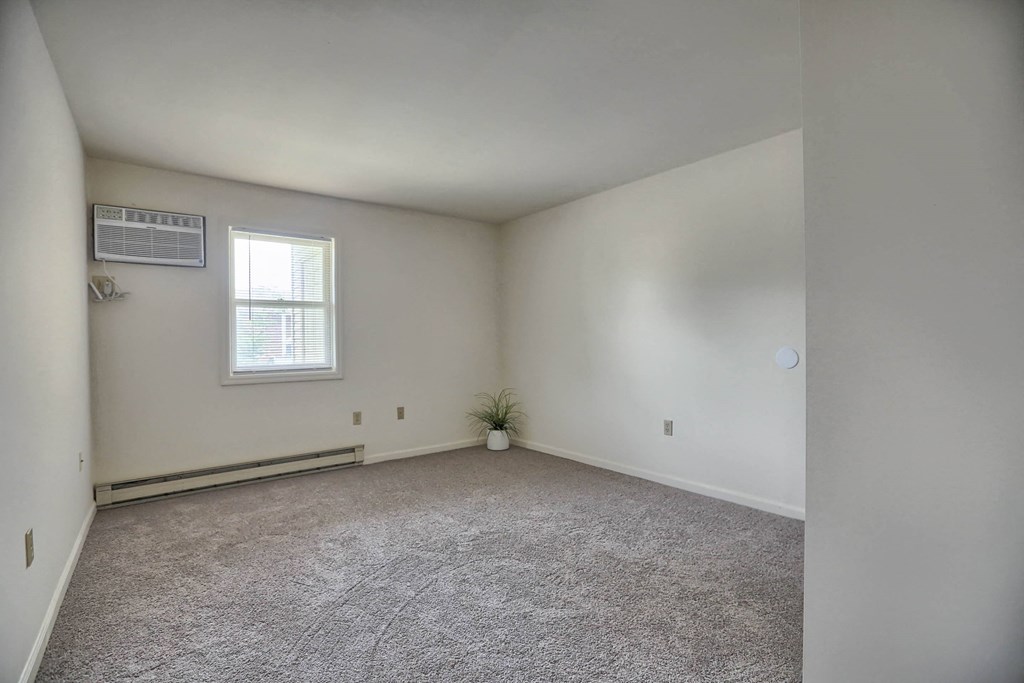 an empty living room with carpet and a window