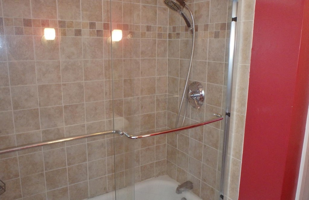 a shower in a bathroom with a red wall