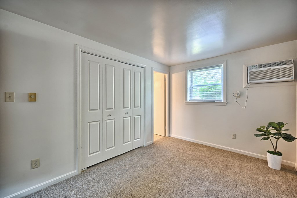 an empty room with a door and a window and a plant