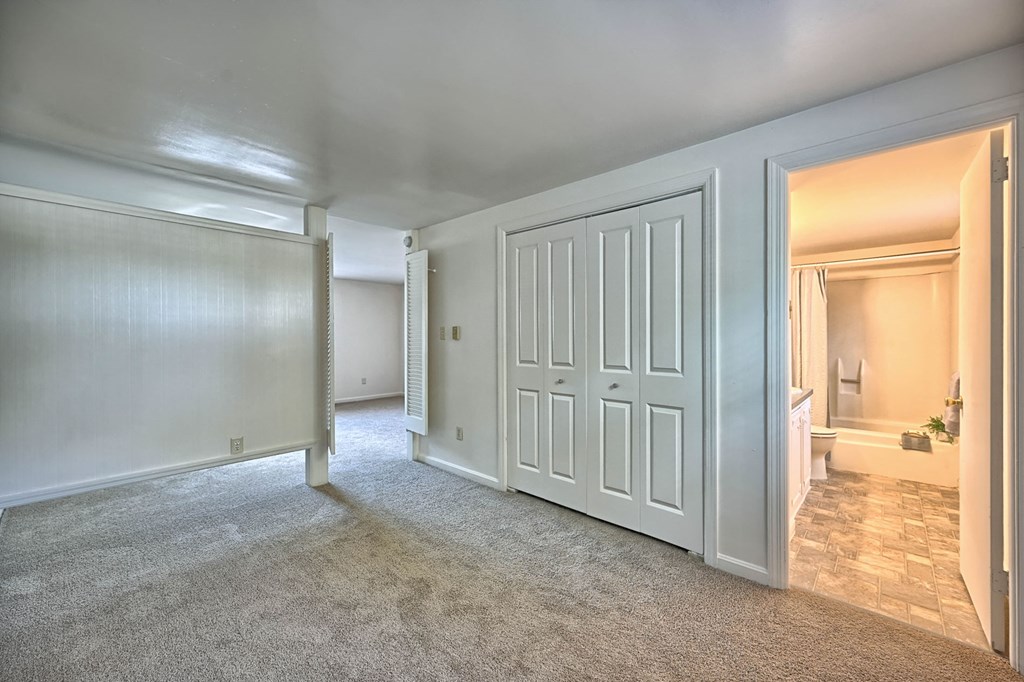 an empty living room with two closets and a door to a bathroom
