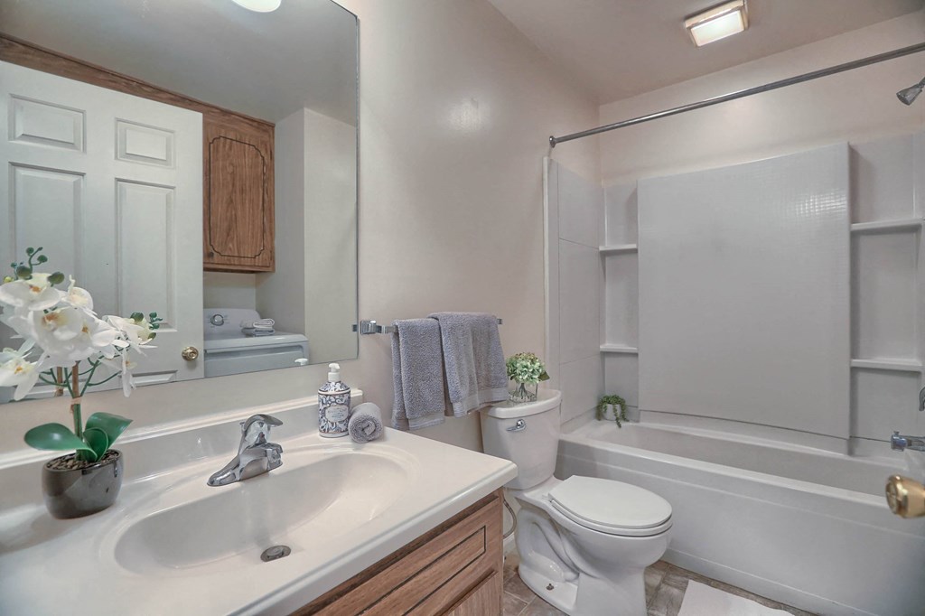 a bathroom with a sink toilet and a bath tub