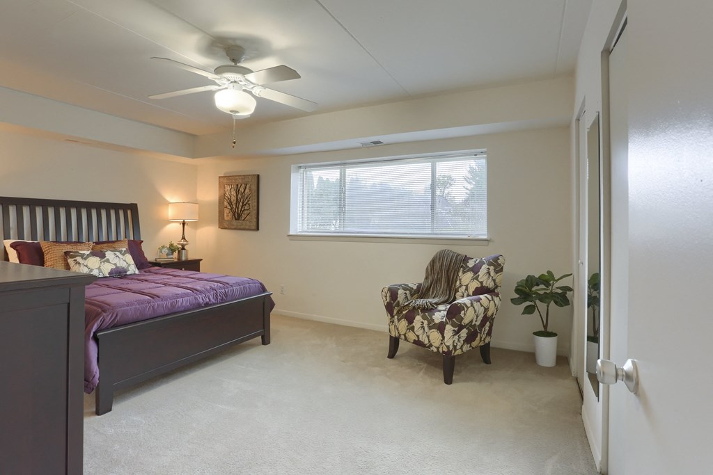 a bedroom with a large bed and a ceiling fan