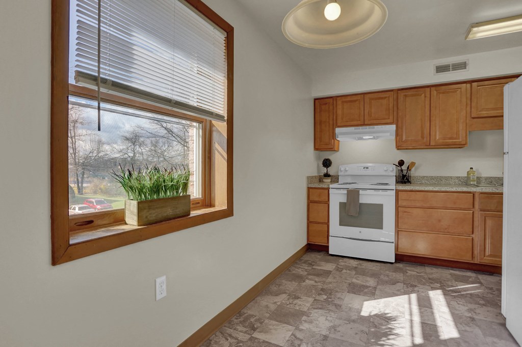 a kitchen with wooden cabinets and a window and a white stove