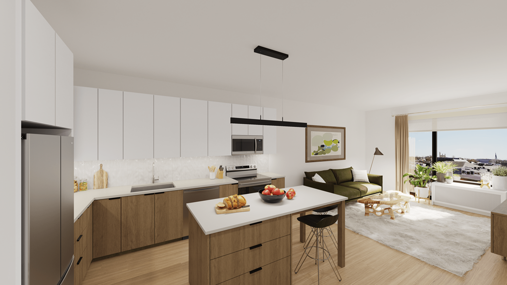 Apartments in Lancaster | a rendering of a kitchen and living room in an apartment