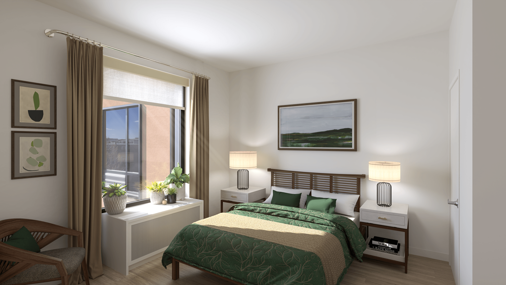 Apartments in Lancaster | a rendering of a bedroom with a bed and a window