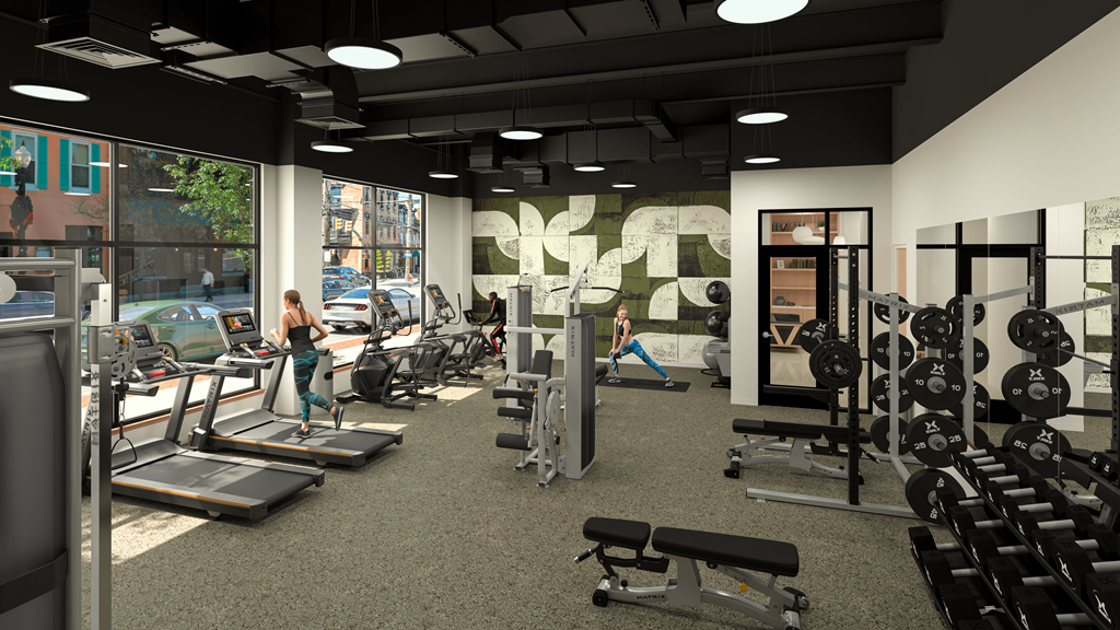 Apartments in Lancaster | a rendering of a gym with cardio machines and other exercise equipment