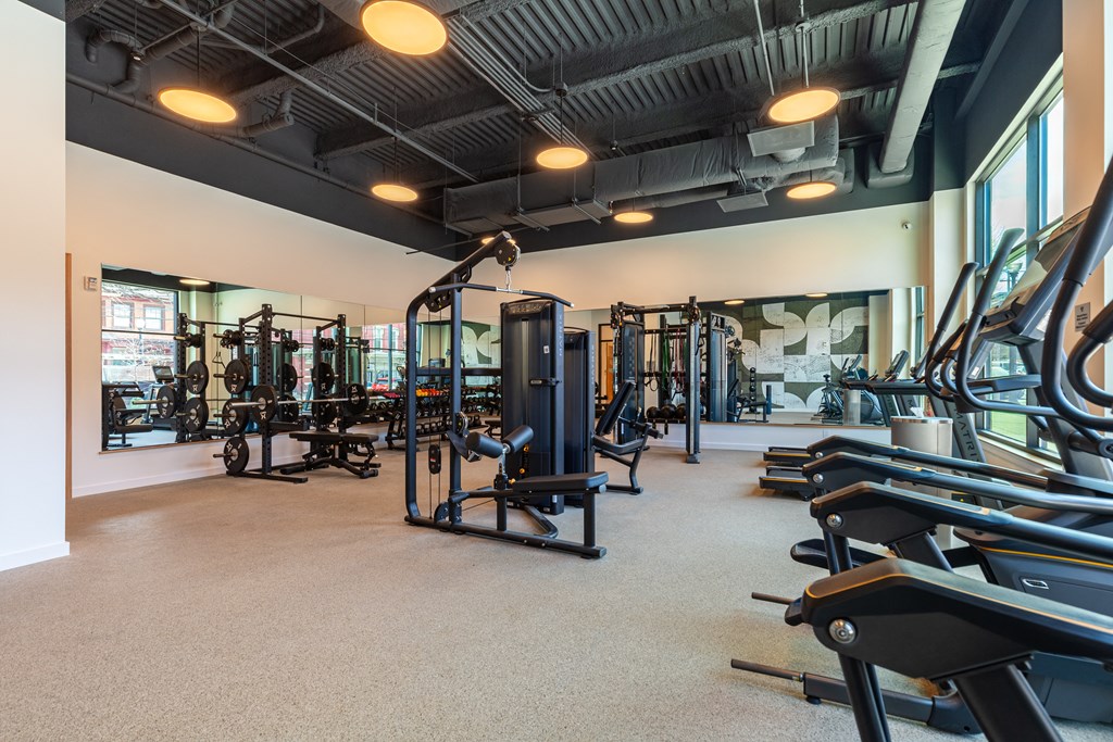 A gym with a variety of equipment including treadmills, weights, and exercise machines.
