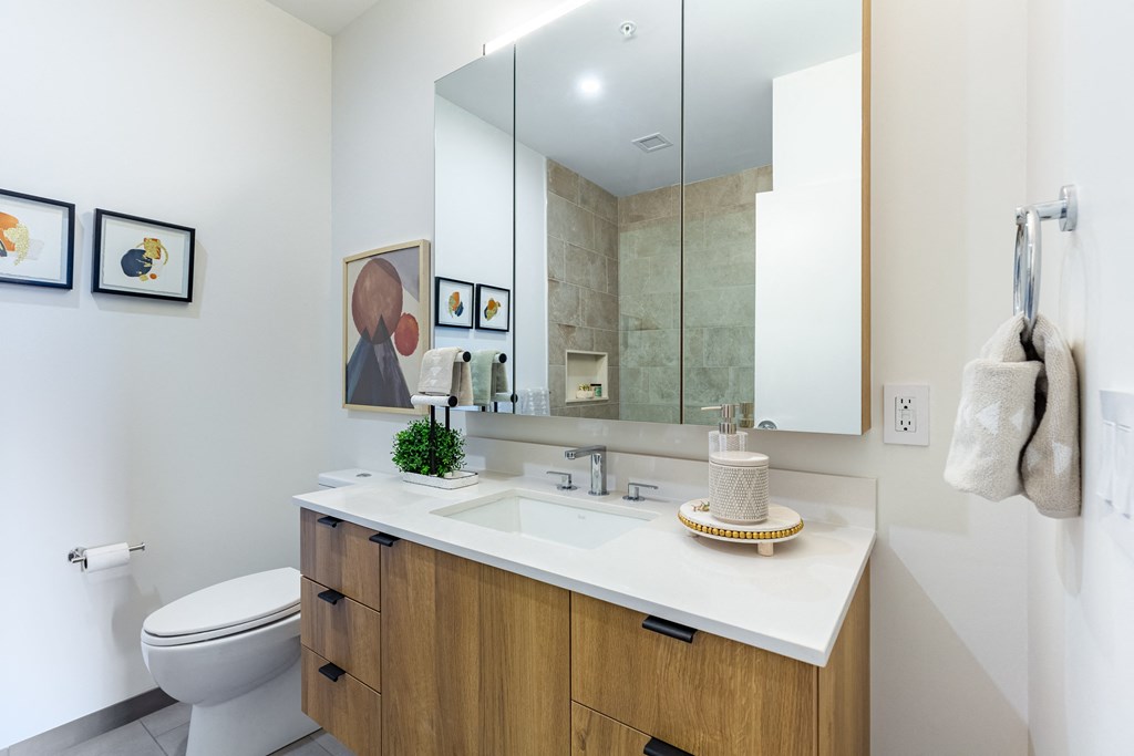 A bathroom with a white counter top and a mirror above it.