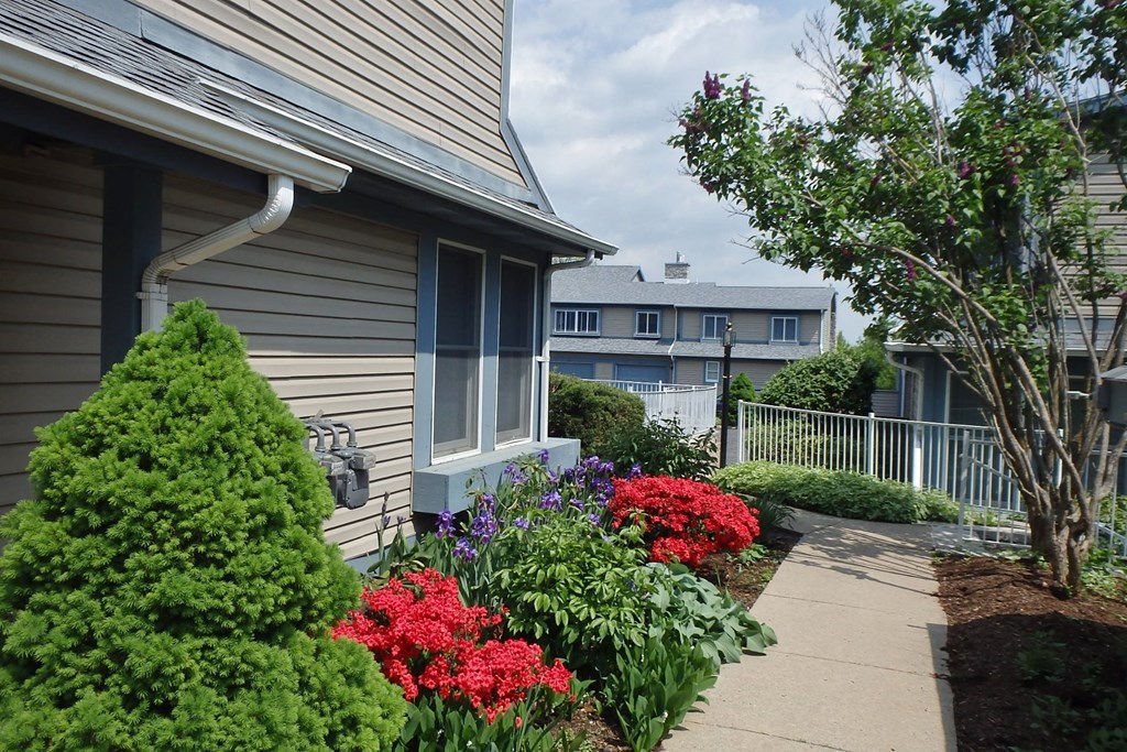 the side of a house with a sidewalk and colorful flowers
